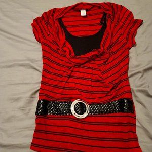 ** 2 for $25 ** Red and Black Striped Double Layered Shirt with Black Belt